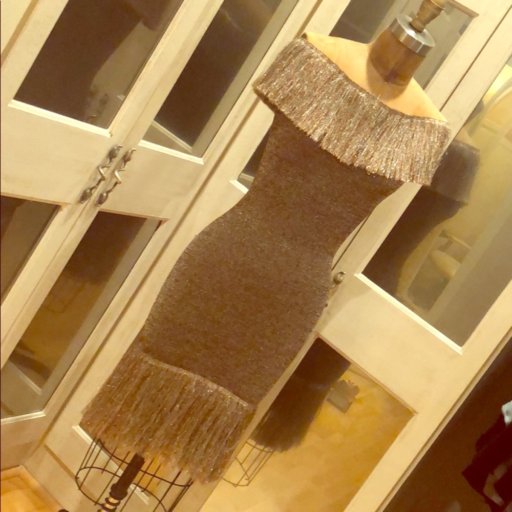 CHRISTOPHER KANE GOLD/SILVER OFF-SHOULDER DRESS